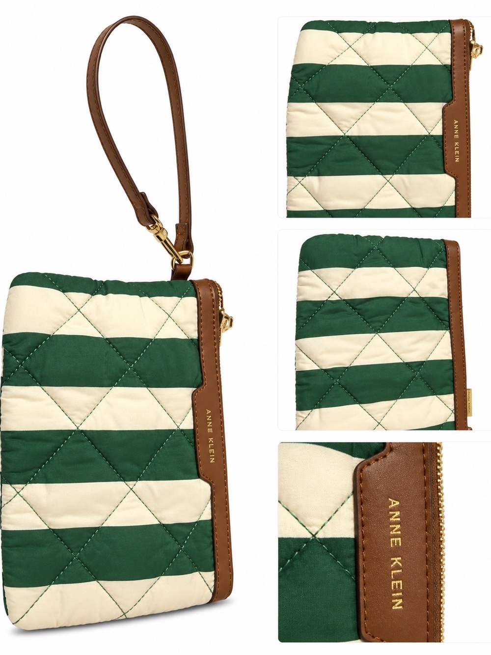 Anne Klein Green Cream Striped Quilted Wristlet Clutch Bag